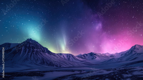 Stunning view of the vibrant Aurora Borealis with bright colors over a snowy mountain landscape © boxstock production