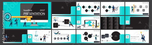 Business presentation, powerpoint, infographic design template turquoise design, background. development of computer technologies.A team of people creates a business.Use of flyers, vector illustration