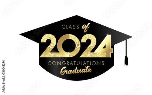 2024 class of, black square academic cap, Congratulation Graduate. Party photo logo for booth design with golden text 2024 and graduation hat. Vector illustration