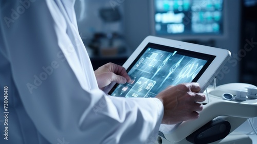Doctor using digital tablet recoding, analyzing digital patient's personal health history and information on digital document