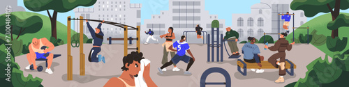 Street workout panorama. People training on sport ground, do physical exercises on outdoor gym. Athletes building strong body, pull up, jogging on playground in city park. Flat vector illustration