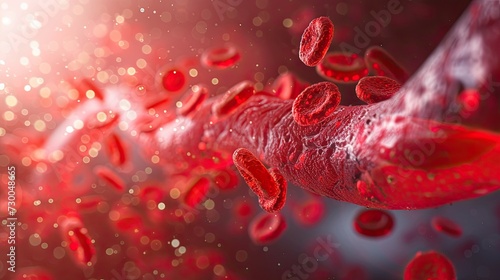 a red cell surrounded by white blood cells move through a blood vessel