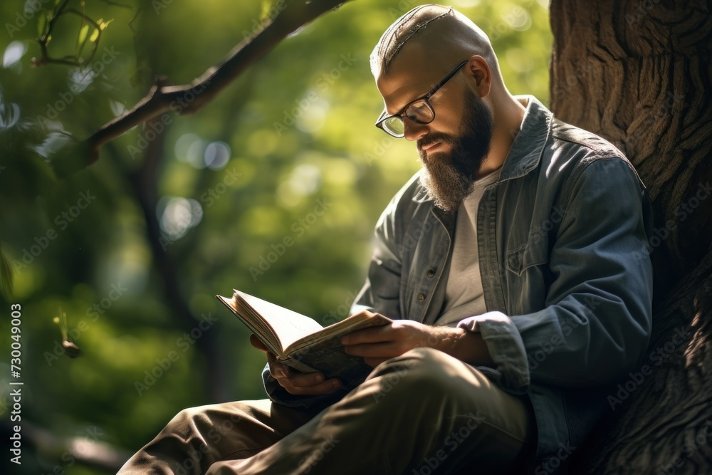 Fototapeta premium Man sitting under a tree, engrossed in a book
