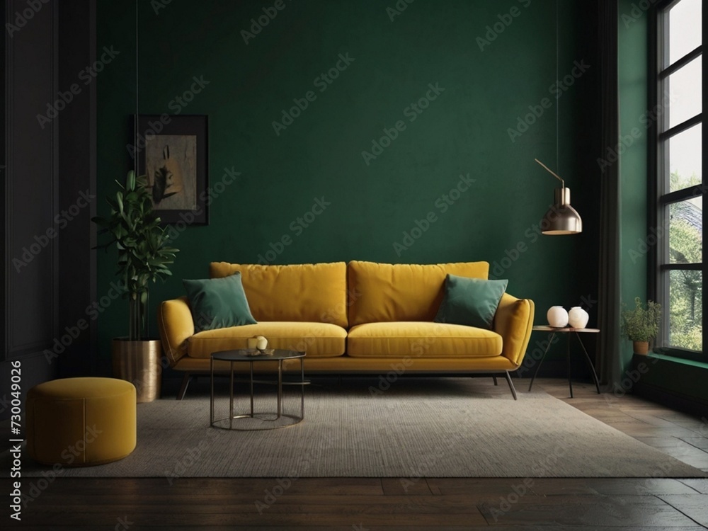 Mockup living room interior with yellow sofa on empty dark green color wall background.3d rendering
 - obrazy, fototapety, plakaty 