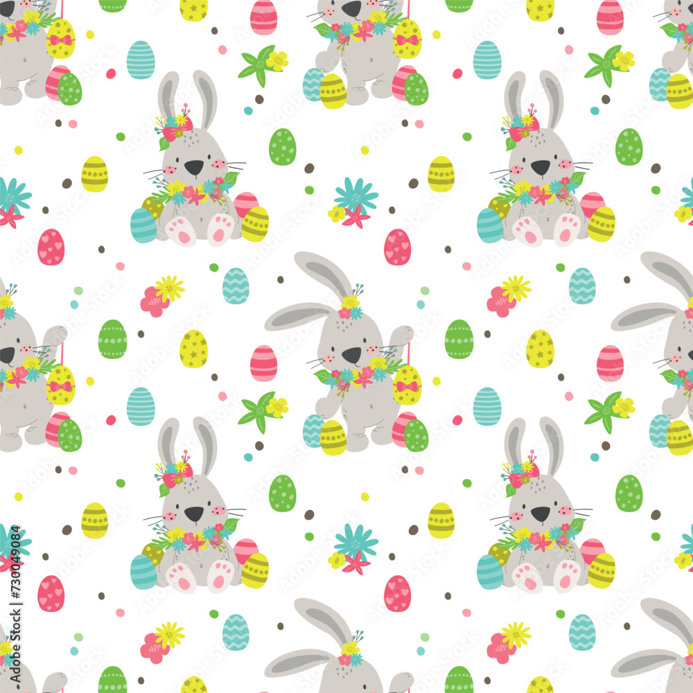 Seamless pattern with bunny and easter eggs. Endless texture for spring design, decoration, greeting cards, posters, invitations, advertisement. Vector illustration.