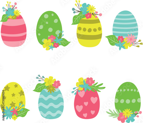 Set of Easter eggs with flowers. Vector illustration for designs, prints and patterns. Isolated on white background.