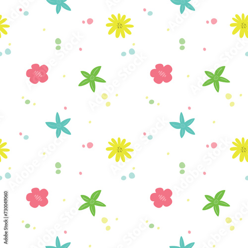 Seamless pattern with bright colorful flowers and dots. Vector illustration for designs, prints and patterns. Isolated on white background.