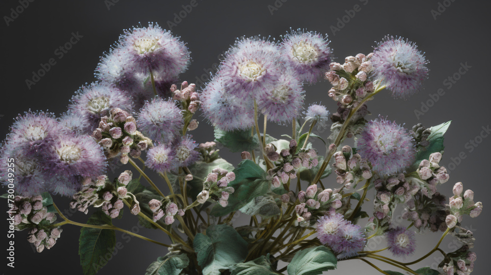 Ageratum blossoms bathed in soft morning light. Ageratum blossoms bathed in soft morning light.