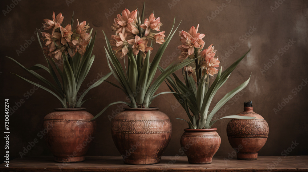 Yucca blooms arranged in a vintage terracotta pot. 