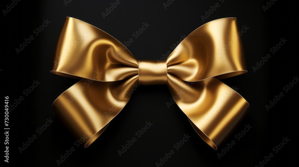 Shimmering gold gift bow gleaming against a dramatic black background - elegant present decoration concept Shimmering gold gift bow gleaming against a dramatic black background - elegant present decoration concept