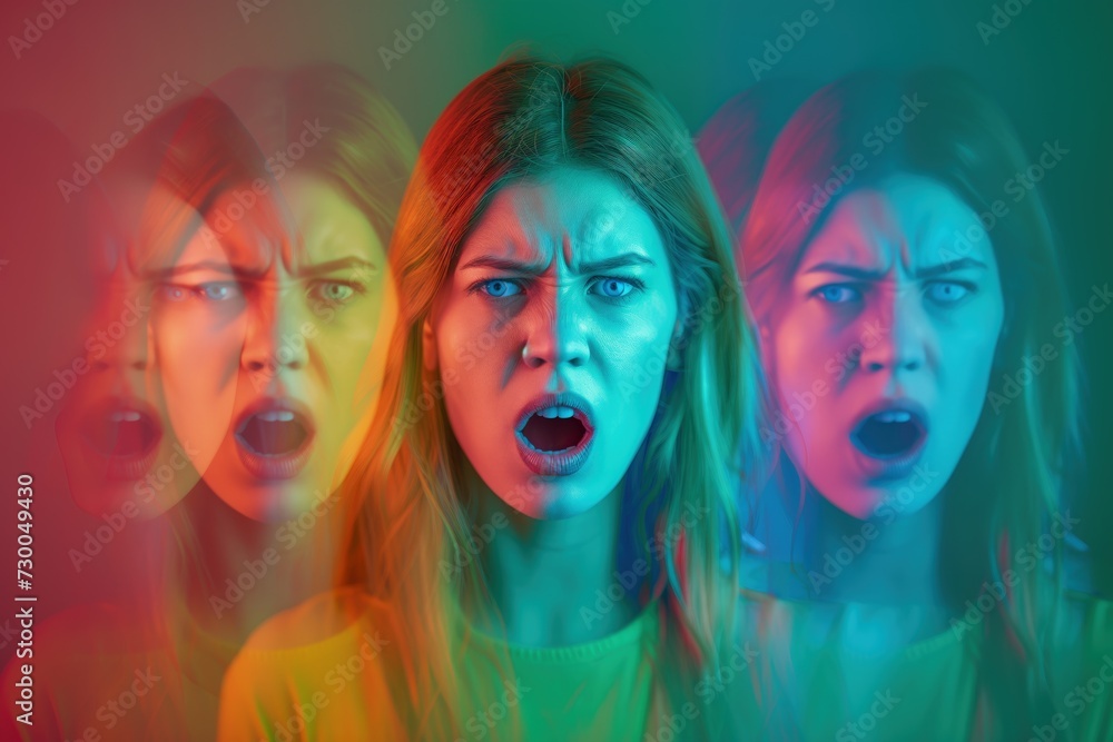 Obraz premium Emotions. Bipolar disorder. Mind. Split personality. Disassociation. Mental issues. Health. Multiple personality. Mental affliction. Fear and panic. Woman. Nervous. Irritated. Psychiatric condition