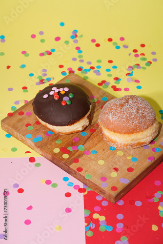 Traditional German Carnival Sweets  Berliner, Pfannkuchen or Krapfen in front of a colourful background