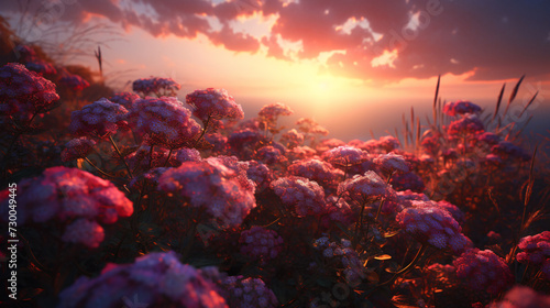 Ageratum flowers against a vivid sunset backdrop. 