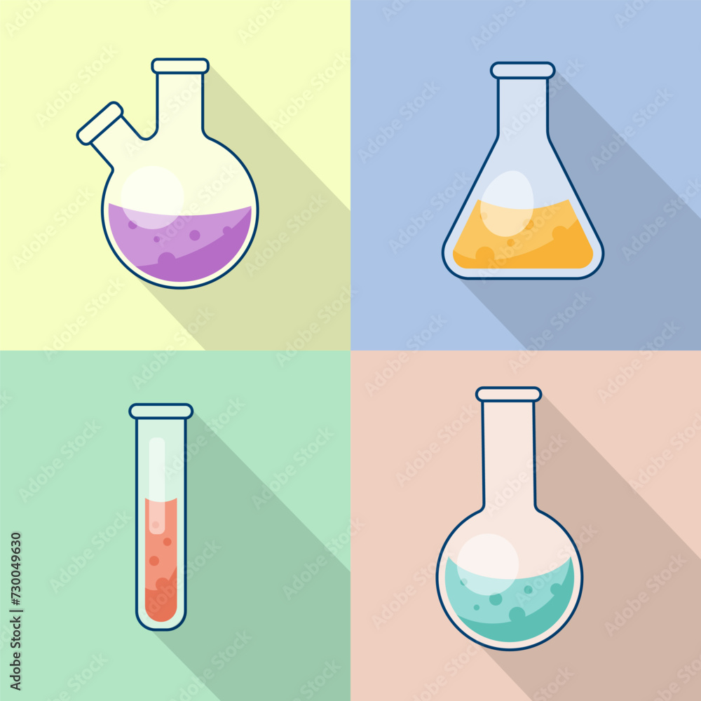 Chemical test tube and round flask, laboratory glassware with liquid. Illustration with a long shadow. Research, scientific experiment, chemistry lesson. Chemical test tube and round flask, laboratory glassware with liquid. Illustration with a long shadow. Research, scientific experiment, chemistry lesson.