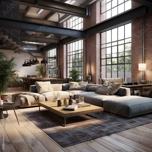 a living room with a modern industrial loft vibe. Picture exposed brick walls, concrete floors, and open ductwork © NASYX