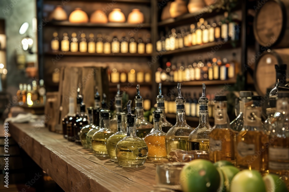 A curated selection of premium tequilas arranged on a tasting station, highlighting the diverse range of bottles and labels.
