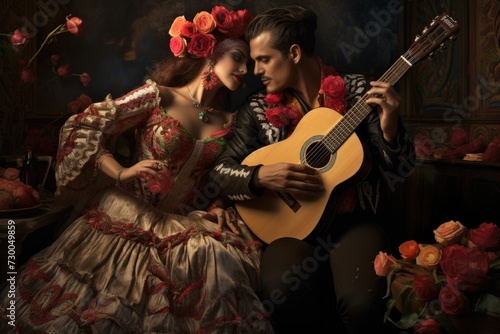 A couple expresses their affection through music, one strumming a guitar.