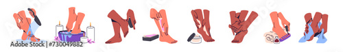 Feet care set. Women wash foot in bath, wipe with towel. Female peeling heels, hair removal legs, do pedicure, massage, applying cream in spa, beauty salon. Flat isolated vector illustration on white