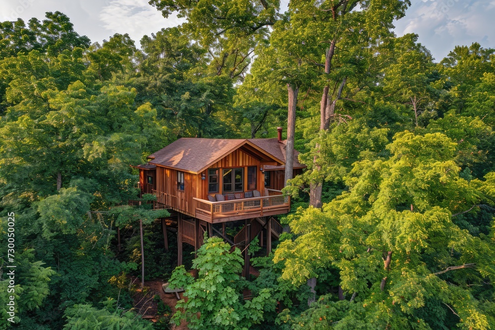 Treetop Elegance: A sophisticated treehouse hotel perched on sturdy branches, providing panoramic views of mountains landscapes. Treetop Elegance: A sophisticated treehouse hotel perched on sturdy branches, providing panoramic views of mountains landscapes.