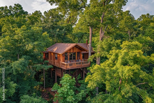 Treetop Elegance: A sophisticated treehouse hotel perched on sturdy branches, providing panoramic views of mountains landscapes.