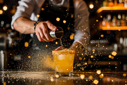 Bartender sprinkling orange juice into cocktail glass with splashes. A skilled mixologist in action, crafting signature Cinco de Drinco cocktails with flair and precision.