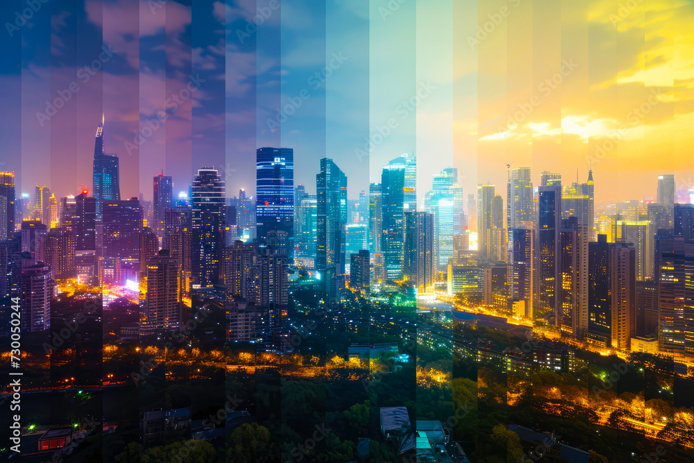 Double exposure of skyscrapers and cityscape. A time-lapse sequence showing urban expansion encroaching on once-natural landscapes, depicting the evolving ecological impact.