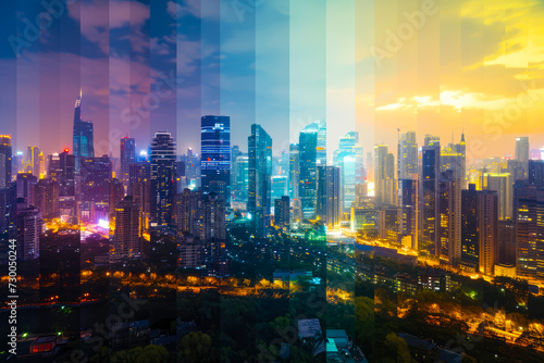 Double exposure of skyscrapers and cityscape. A time-lapse sequence showing urban expansion encroaching on once-natural landscapes, depicting the evolving ecological impact. © bad_jul