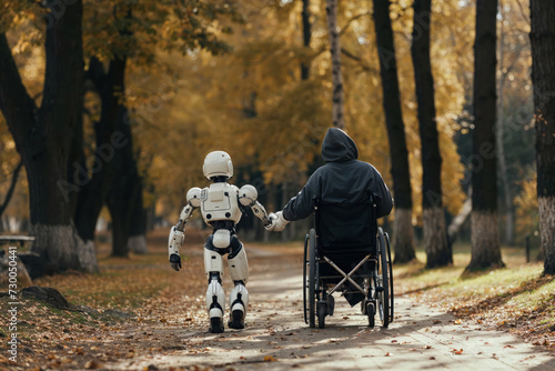 A human and a robot enjoy a peaceful walk in an autumnal park, showcasing the harmony between man and machine