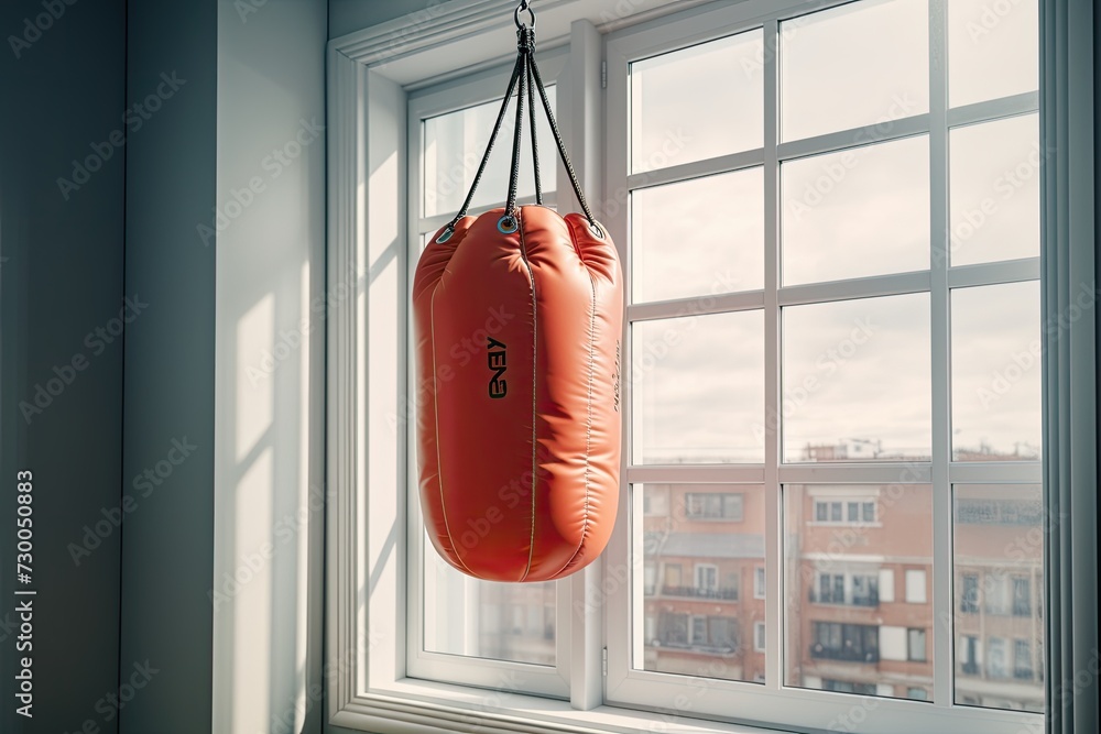 In the gym, a punching bag swings from the ceiling, ready for workouts.