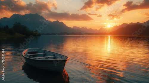 A boat on a tranquil lake with the sun setting behind a range of mountains