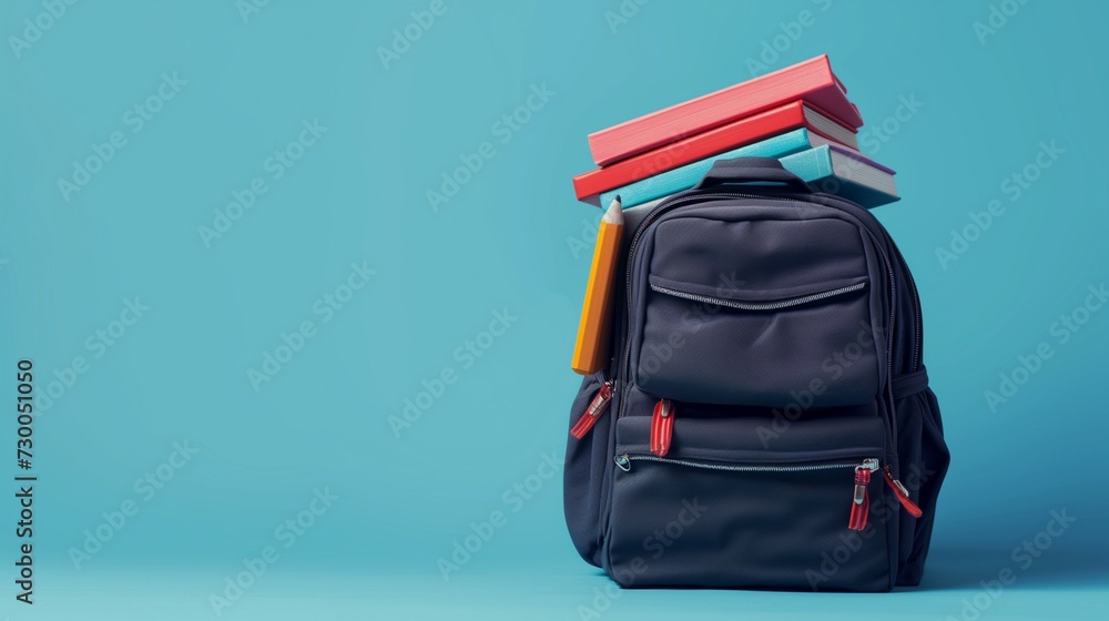 A vibrant and visually striking digital AI art depiction of a full school backpack, adorned with books A vibrant and visually striking digital AI art depiction of a full school backpack, adorned with books