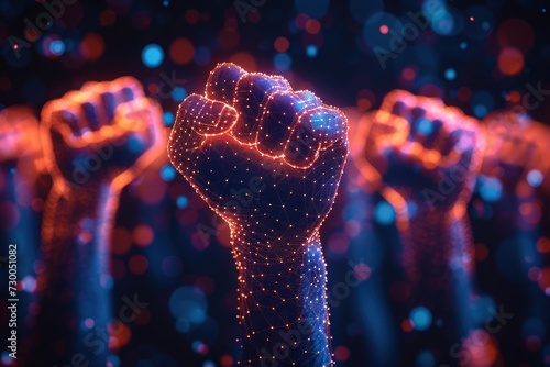 Red digital fists raised high, symbolizing digital activism and empowerment © Fxquadro
