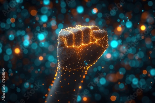 Polygonal fists raised in a digital network, symbolizing unity and revolution © Fxquadro