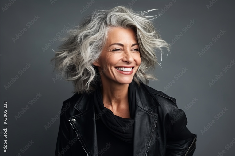 Portrait of a happy mature woman in black leather jacket on grey background
