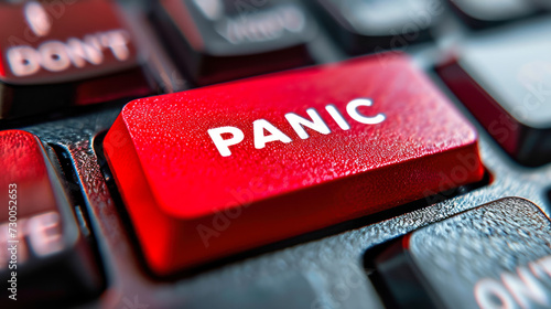 Close-up of a red PANIC button on a keyboard, symbolizing urgent distress calls, emergency response, and immediate action required in critical situations