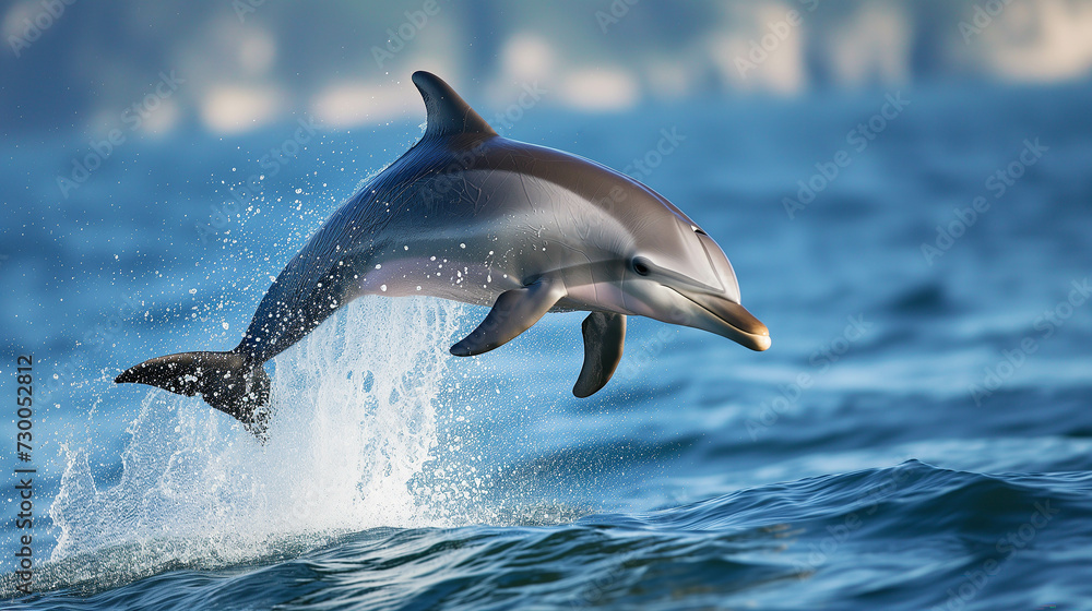 Fototapeta premium Dolphins gracefully jump on the surface of the ocean.