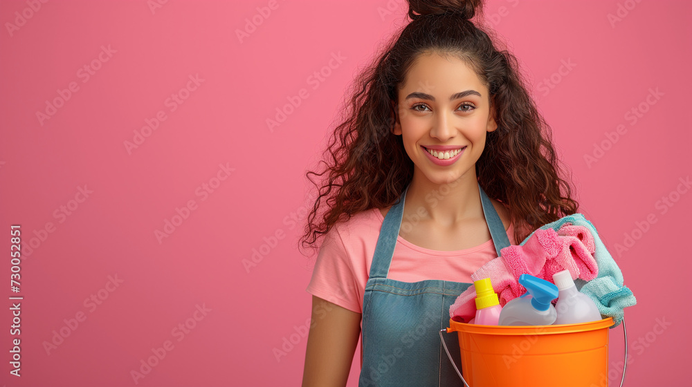 Woman in apron holding bucket with cleaning supplies on pink background. Young housewife holding bucket with cleaning supplies on pink background, space for text. Portrait of her she cheery brown-hair Woman in apron holding bucket with cleaning supplies on pink background. Young housewife holding bucket with cleaning supplies on pink background, space for text. Portrait of her she cheery brown-hair