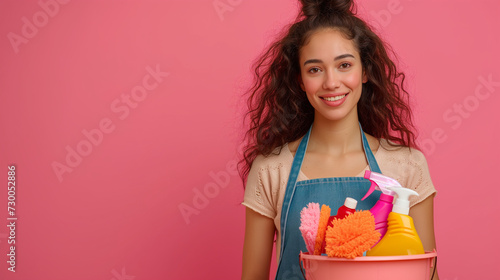 Woman in apron holding bucket with cleaning supplies on pink background. Young housewife holding bucket with cleaning supplies on pink background, space for text. Portrait of her she cheery brown-hair
