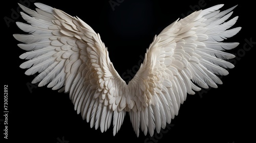 Angelic white wings, beautifully arched and radiant against a solid black background, evoking a sense of celestial wonder and tranquility