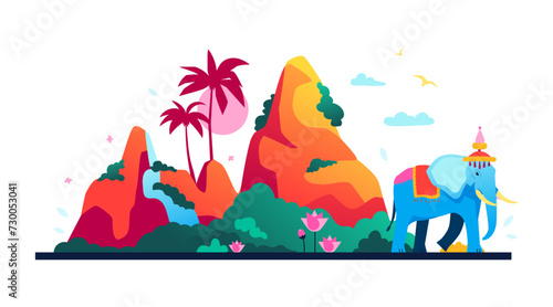 Khao Phing Kan - modern colored vector illustration with James Bond Island. Mountains and water that participated in movie filming. Against the backdrop of nature, elephant sacred animal is walking