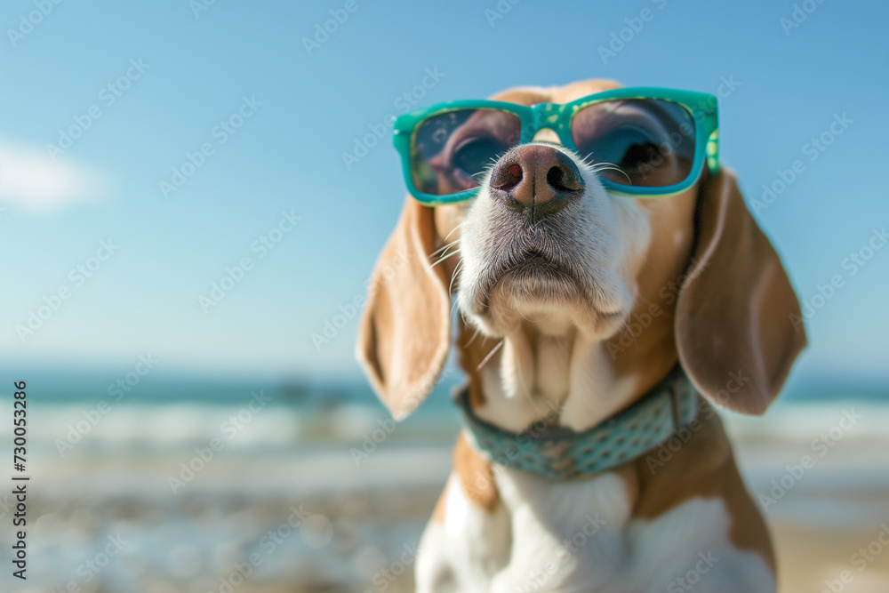 A beagle dog sports sunglasses on a sunny beach day, with beachgoers and umbrellas in the background, embodying summer leisure.