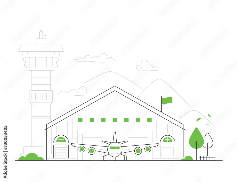 Aircraft hangar - modern line design style illustration on white background. Composition with private airport and control tower. Garage for air transport and industrial building idea
