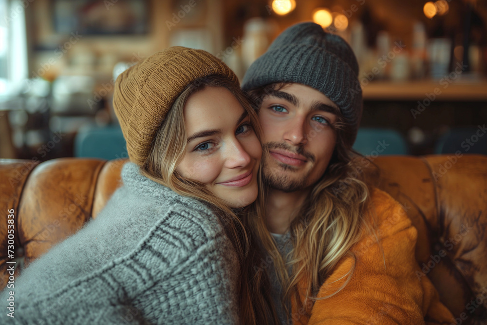 Happy couple hugging in a cafe