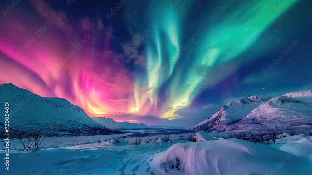 Aurora Borealis splendor over snowy mountain landscape