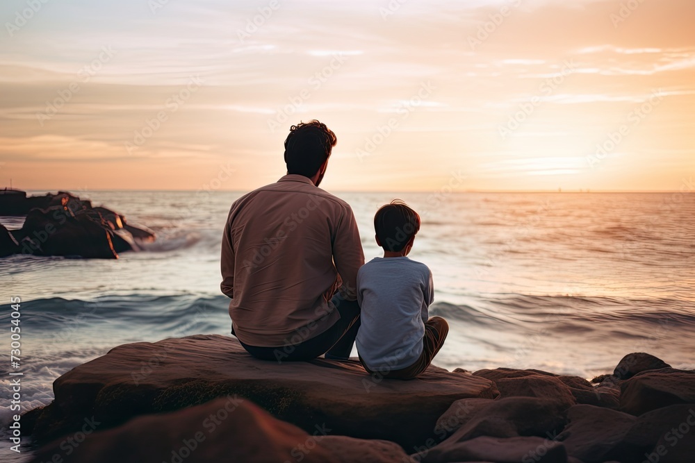Young father with his son on the shore of the sea or ocean.