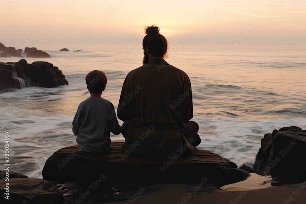 Young father with his son on the shore of the sea or ocean.