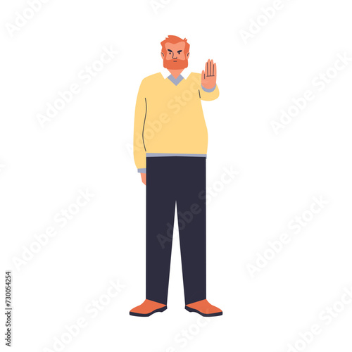 Stern man put palm forward flat style, vector illustration
