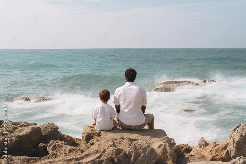 On the shore of the sea or ocean, a young dad enjoys quality time with his son, creating cherished memories.