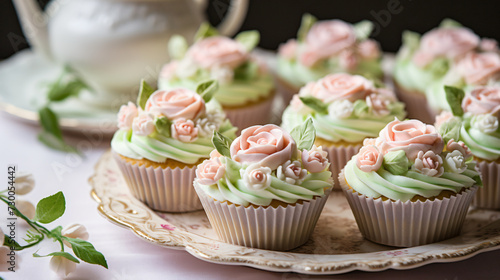 Roses on pastel cupcakes.