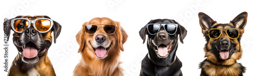 Set of Cool Dogs Wearing Sunglasses: Funny Medium and Large Breeds Including Boxer, Golden Retriever, Labrador, and German Shepherd, Isolated on Transparent Background, PNG
